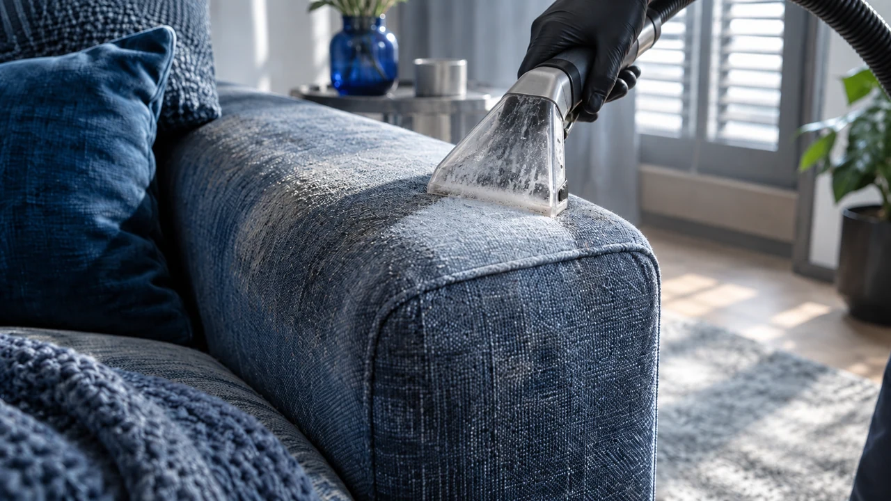 La buse d'extraction passe sur l'accoudoir, une bande de tissu propre apparaît derrière elle